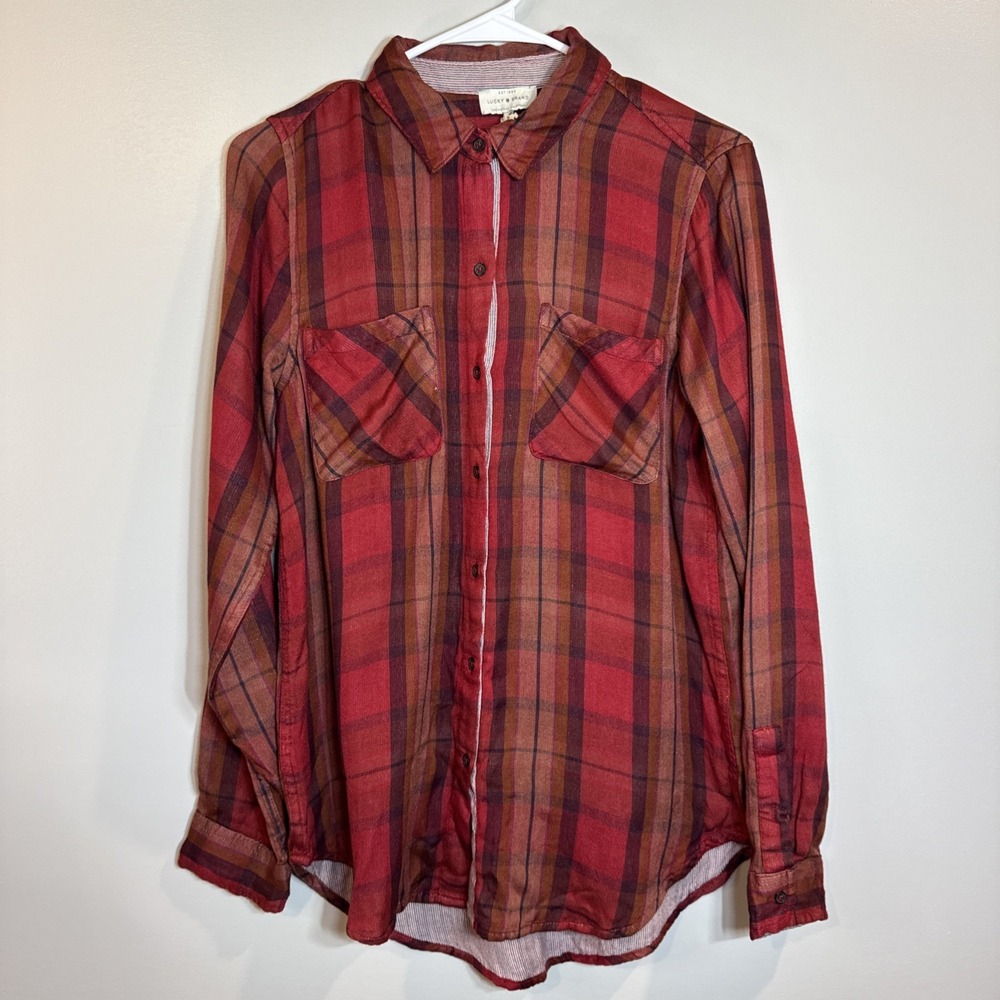 Lucky Brand Women's Small Modal Blend Button Up Plaid Shirt Red Orange New
